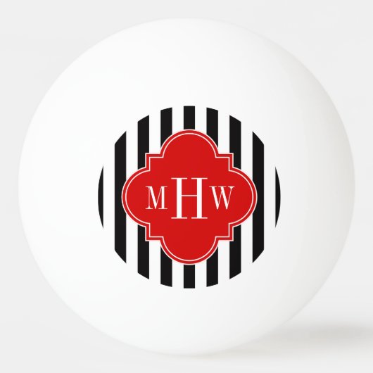 Black White Stripe Red Quatrefoil 3 Monogram Pingpongbal (Voorkant)