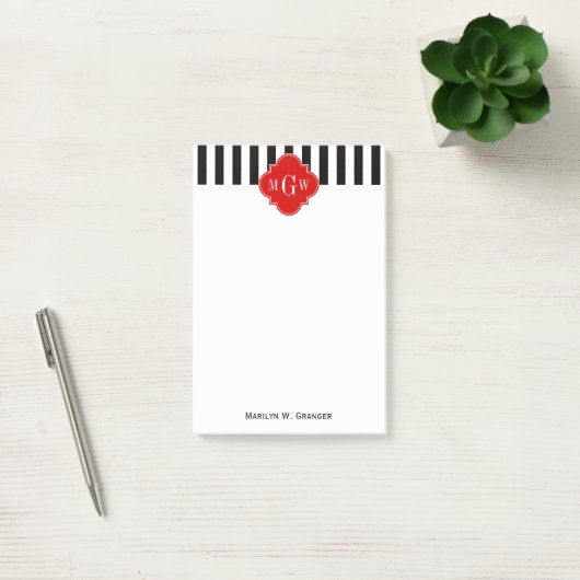 Black White Stripe Red Quatrefoil 3 Monogram Post-it® Notes (Kantoor)