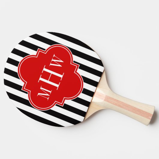 Black White Stripe Red Quatrefoil 3 Monogram Tafeltennisbatje (Zijkant)