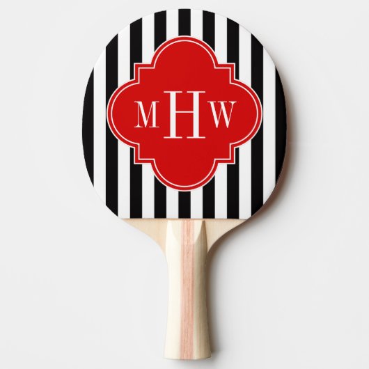Black White Stripe Red Quatrefoil 3 Monogram Tafeltennisbatje (Voorkant)