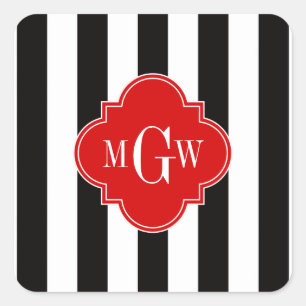 Black White Stripe Red Quatrefoil 3 Monogram Vierkante Sticker