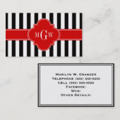 Black White Stripe Red Quatrefoil 3 Monogram Visitekaartje (Voorkant / Achterkant)