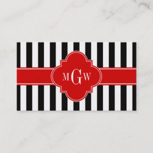 Black White Stripe Red Quatrefoil 3 Monogram Visitekaartje