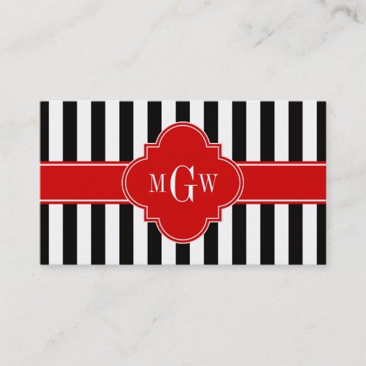 Black White Stripe Red Quatrefoil 3 Monogram Visitekaartje (Voorkant)