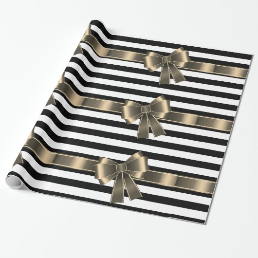 Black White STRIPE RIBBON BOW BIRTHDAY WRAP Cadeaupapier (Uitgerold)