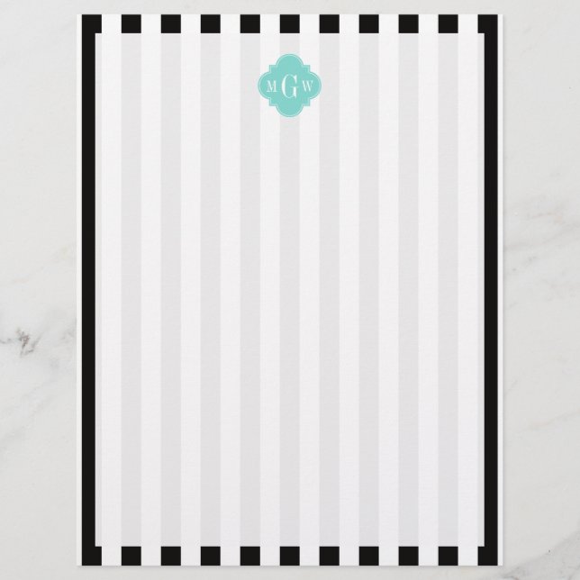 Black White Stripe Turquoise Quatrefoil 3 Monogram (Voorkant)