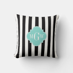 Black White Stripe Turquoise Quatrefoil 3 Monogram Kussen