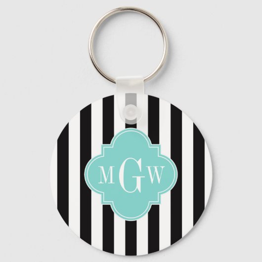 Black White Stripe Turquoise Quatrefoil 3 Monogram Sleutelhanger (Voorkant)