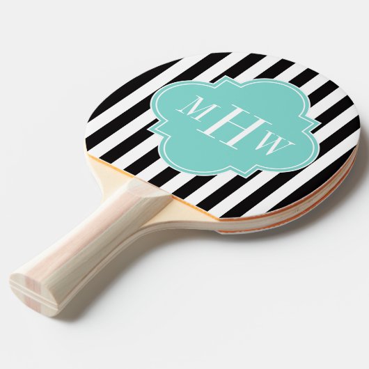 Black White Stripe Turquoise Quatrefoil 3 Monogram Tafeltennisbatje (Voorkant Gekanteld)