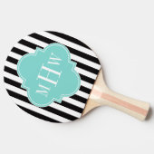 Black White Stripe Turquoise Quatrefoil 3 Monogram Tafeltennisbatje (Zijkant)