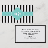 Black White Stripe Turquoise Quatrefoil 3 Monogram Visitekaartje (Voorkant / Achterkant)
