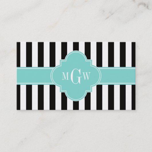 Black White Stripe Turquoise Quatrefoil 3 Monogram Visitekaartje (Voorkant)