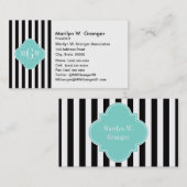 Black White Stripe Turquoise Quatrefoil 3 Monogram Visitekaartje (Voorkant / Achterkant)