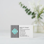 Black White Stripe Turquoise Quatrefoil 3 Monogram Visitekaartje (Staand voorkant)