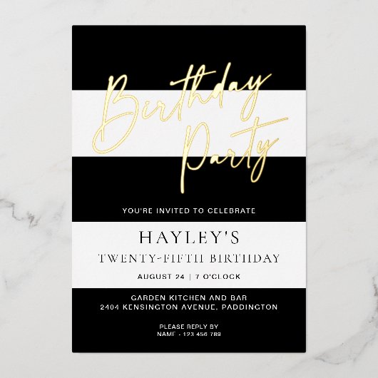 Black White Stripe Verjaardag Folie Invitation Folie Uitnodiging (Voorkant)