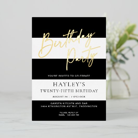 Black White Stripe Verjaardag Folie Invitation Folie Uitnodiging (Staand Voorkant)