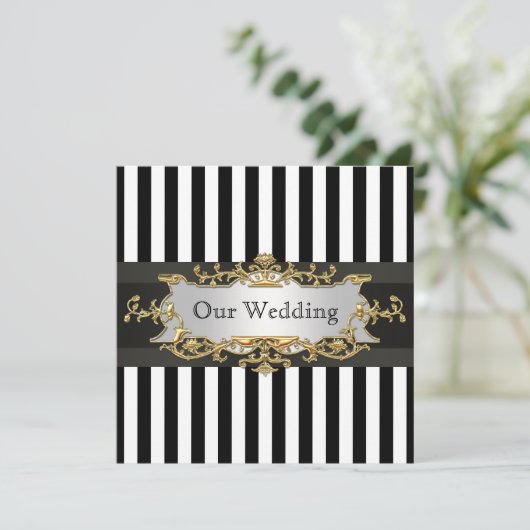 Black White Stripe Wedding Invite #2 Kaart (Staand voorkant)