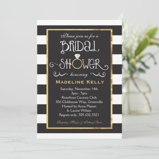 Black White Stripe Wedding Ring Shower Uitnodiging (Staand voorkant)