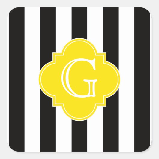 Black White Stripe Yellow Quatrefoil Monogram Vierkante Sticker (Voorkant)
