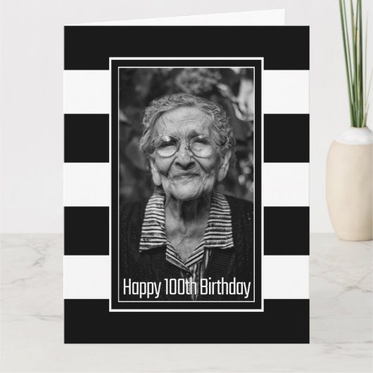 Black White Striped 100th Birthday Kaart (Voorkant)