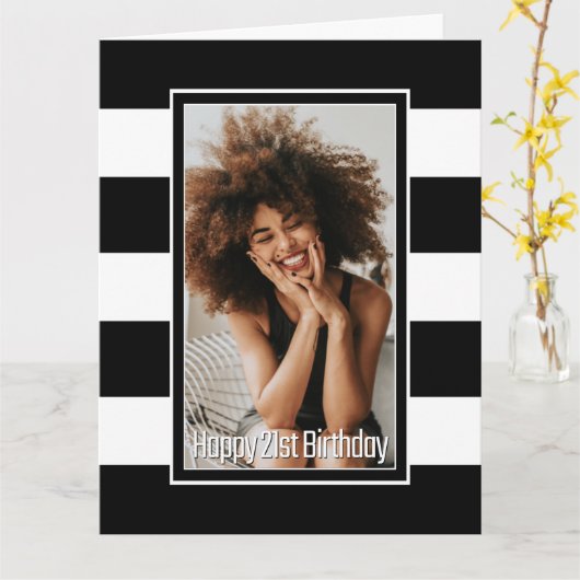 Black White Striped 21st Birthday Kaart (Gele Bloem)