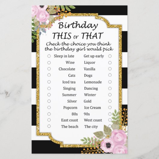 Black White Striped Birthday dit of dat spel (Voorkant)