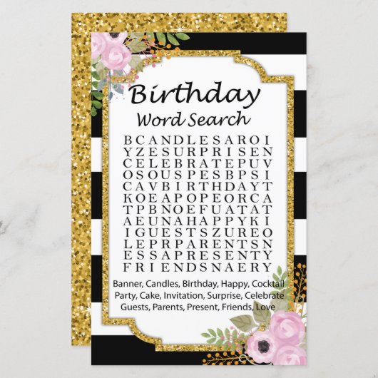 Black White Striped Birthday word search game (Voorkant / Achterkant)