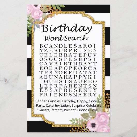 Black White Striped Birthday word search game (Voorkant)