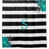Black White Striped Blauwgroen Silver Floral Monog Douchegordijn (Voorkant)