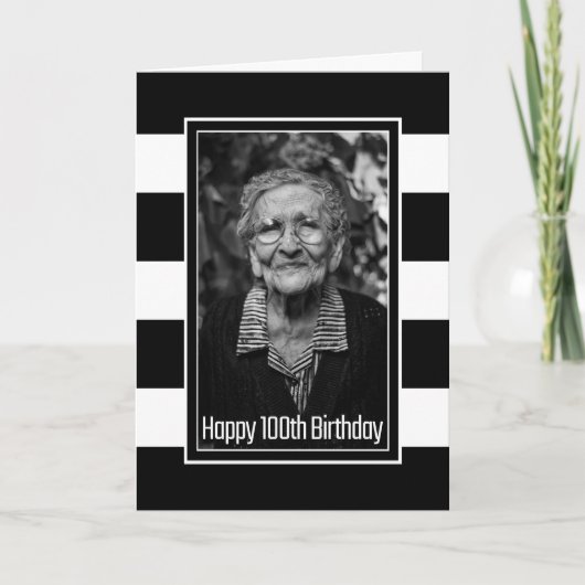 Black White Striped Custom Photo 100th Birthday Kaart (Voorkant)