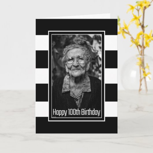 Black White Striped Custom Photo 100th Birthday Kaart (Gele Bloem)