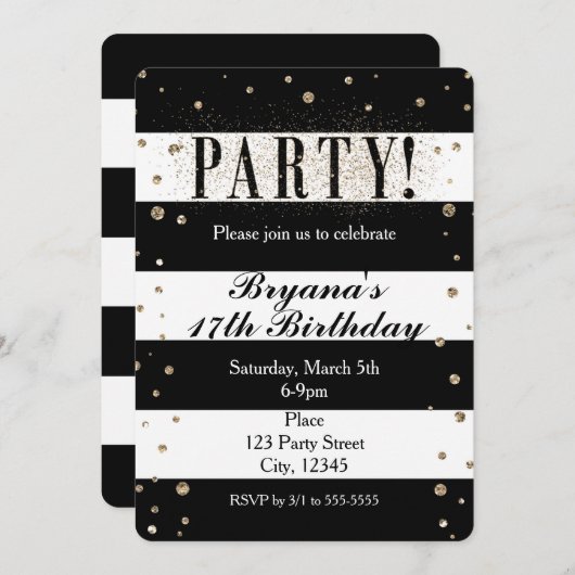Black White Striped Faux Glitter PARTY Uitnodiging (Voorkant / Achterkant)