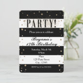 Black White Striped Faux Glitter PARTY Uitnodiging (Staand voorkant)