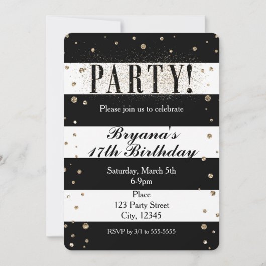 Black White Striped Faux Glitter PARTY Uitnodiging (Voorkant)