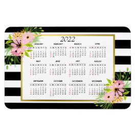 Black White Striped Floral Gold | Agenda 2022 Magneet