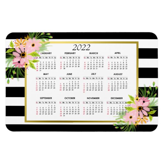Black White Striped Floral Gold | Agenda 2022 Magneet (Horizontaal)