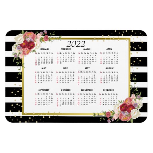 Black White Striped Floral Gold | Agenda 2022 Magneet (Horizontaal)