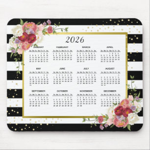 Black White Striped Floral Gold - Agenda 2022 Muismat