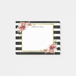 Black White Striped Floral Gold | Gepersonaliseerd Post-it® Notes