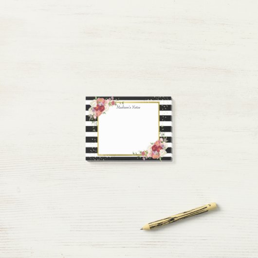Black White Striped Floral Gold | Gepersonaliseerd Post-it® Notes (Op bureau)