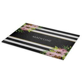 Black White Striped Floral Gold | Gepersonaliseerd Snijplank
