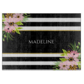 Black White Striped Floral Gold | Gepersonaliseerd Snijplank (Voorkant)