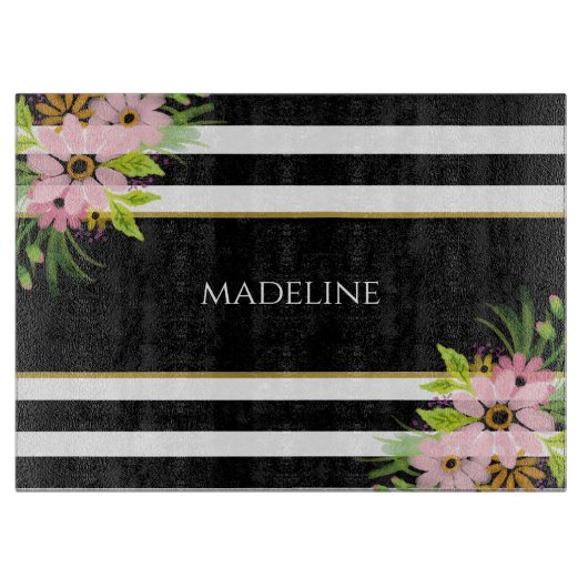 Black White Striped Floral Gold | Gepersonaliseerd Snijplank (Voorkant)