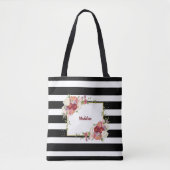 Black White Striped Floral Gold | Gepersonaliseerd Tote Bag (Voorkant)