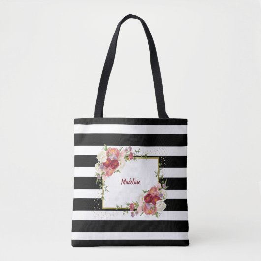 Black White Striped Floral Gold | Gepersonaliseerd Tote Bag (Voorkant)