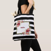 Black White Striped Floral Gold | Gepersonaliseerd Tote Bag (Dichtbij)