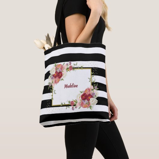 Black White Striped Floral Gold | Gepersonaliseerd Tote Bag (Dichtbij)