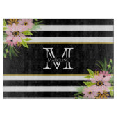 Black White Striped Floral Gold | Monogram Snijplank (Voorkant)