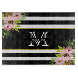Black White Striped Floral Gold | Monogram Snijplank