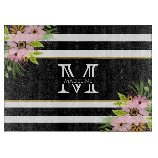 Black White Striped Floral Gold | Monogram Snijplank (Voorkant)